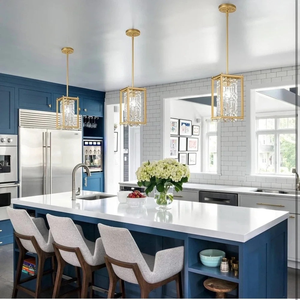 Modern Gold Crystal Chandelier Pendant Light‎ Adjustable Height for Kitchen Bar